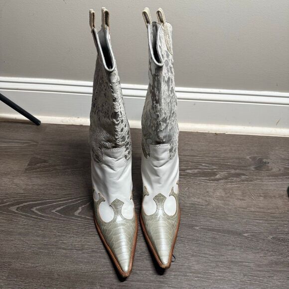 Para Raio White Silver Leather Pointed Toe Brazilian Cowgirl Boots Women's 9 - Picture 1 of 7